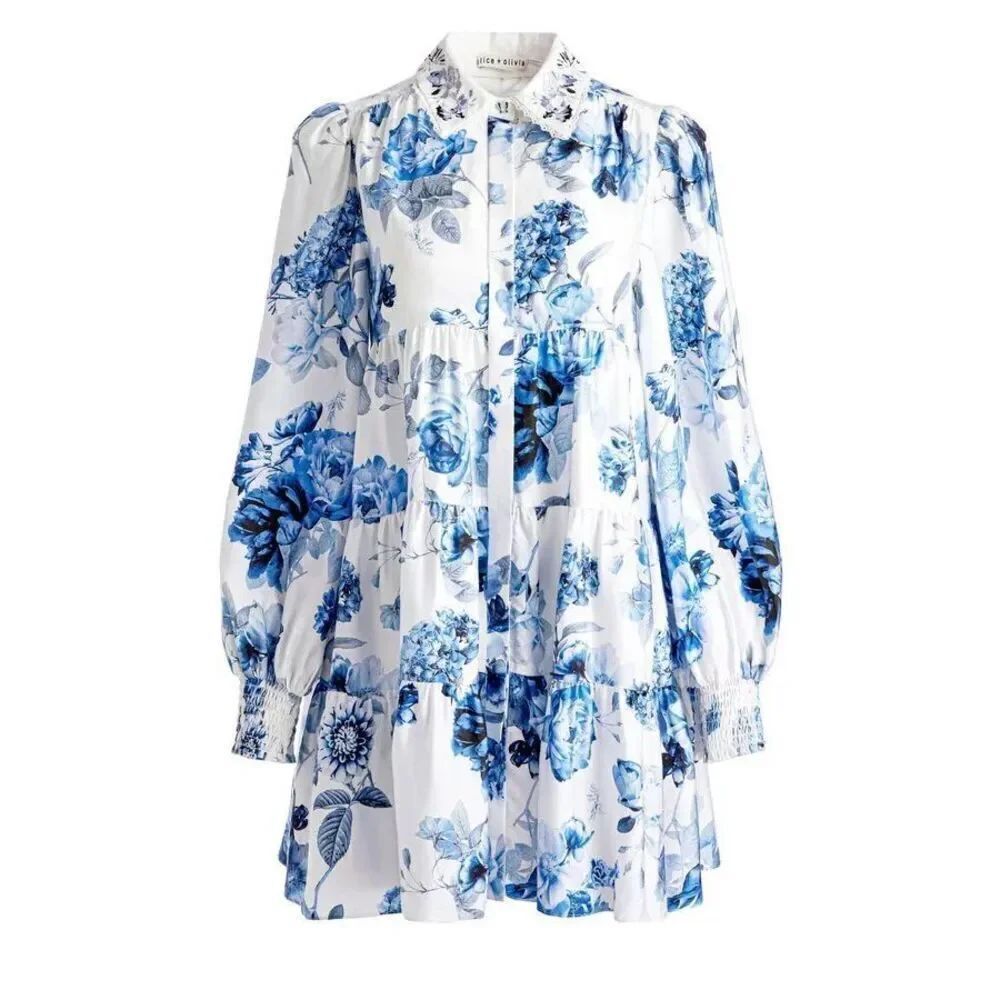 Alice + Olivia Women's Blue White Floral Tiered Junia Mini Dress Size 0 NWOT